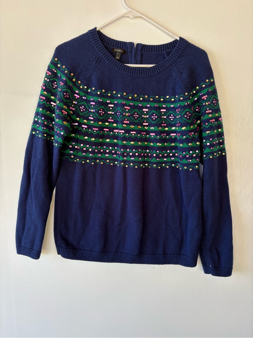 Talbots Navy Fair Isle Crewneck with Green & Pink Accents